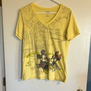 Disney Yellow V-Neck Tee with Mickey & Minnie Sketch Graphic